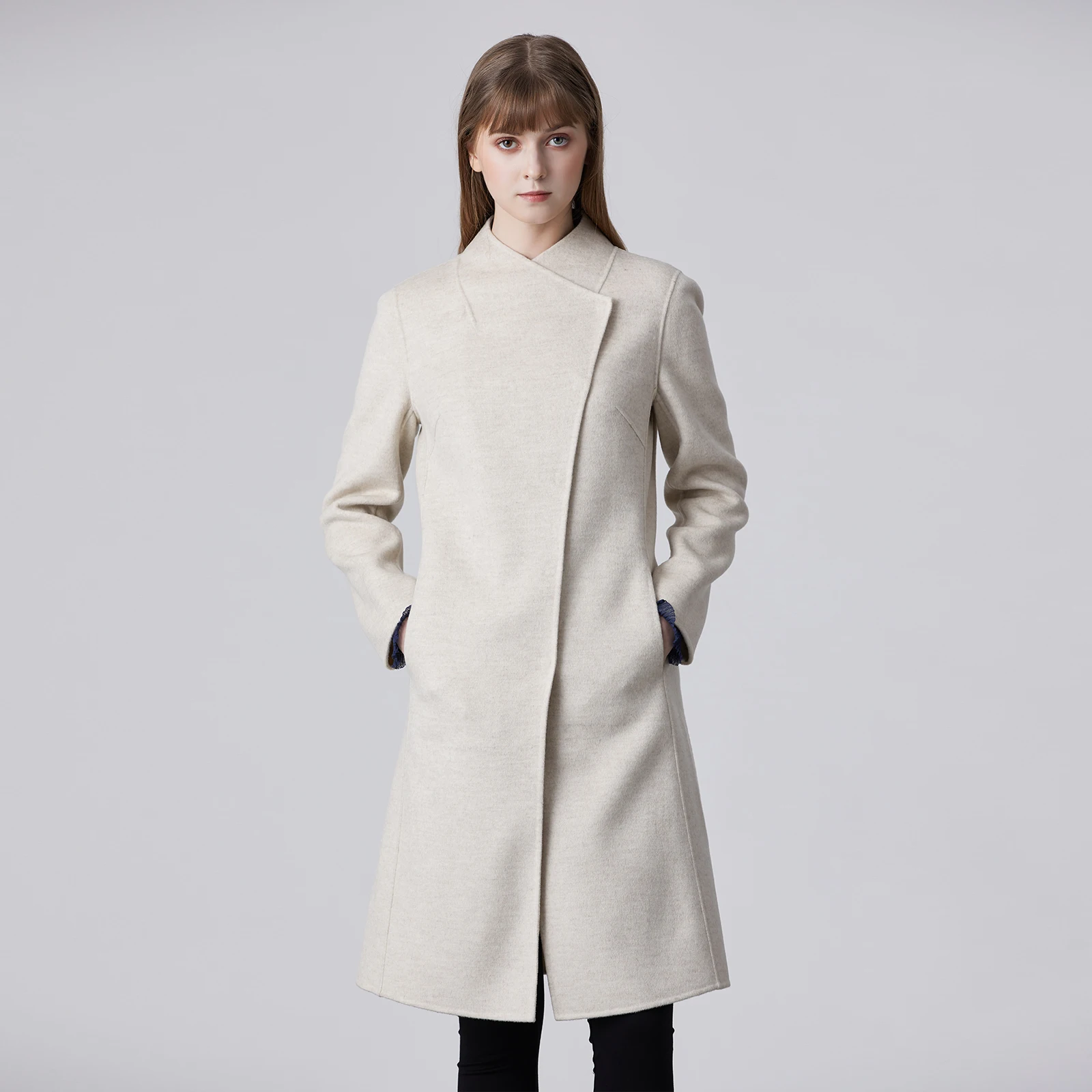 

Pure Wool Women's Coat Autumn Winter New Sle Mixed Beige f High Collar Ladies' Coat Long Sve Buttoned Door Panel