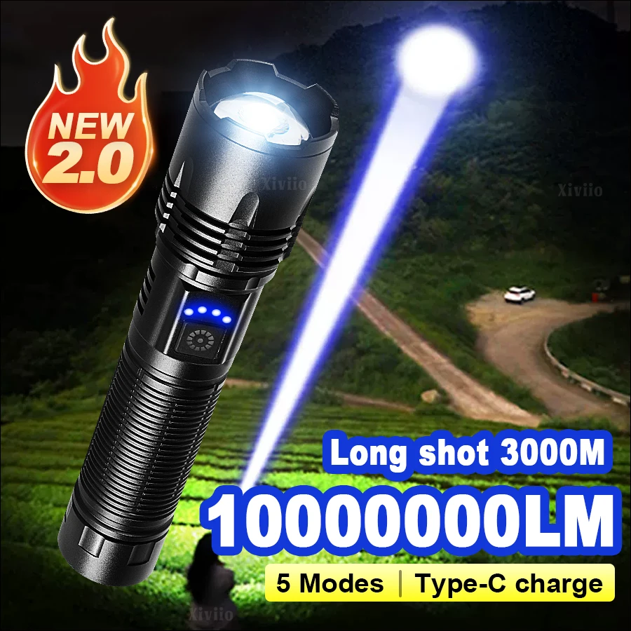 Linterna de mano ultrapotente de 1000000LM, linterna recargable de alta potencia, luces Flash de largo alcance de 3000M, linterna para acampar al aire libre