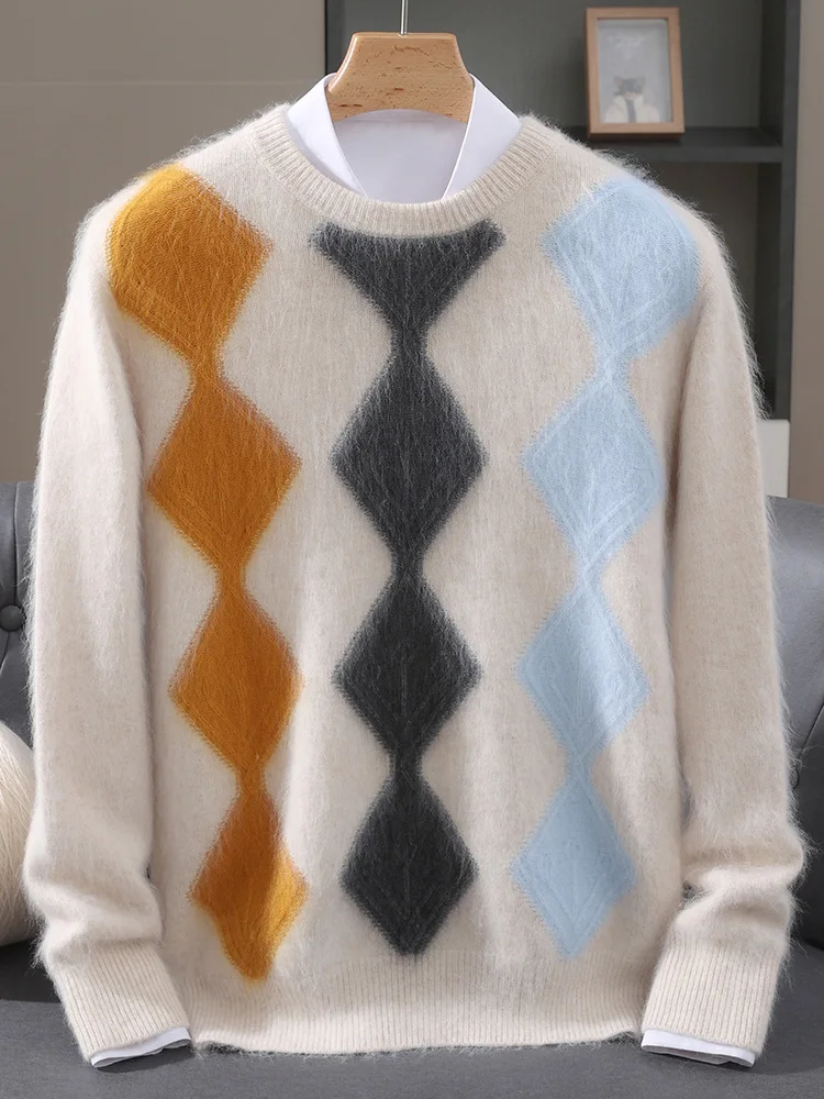 

TLOML осень-зима новый мужской свитер из 100% норки и кашемира с круглым вырезом пуловер с сетчатым узором повседневные мягкие теплые норковые кашемировые толстые топы