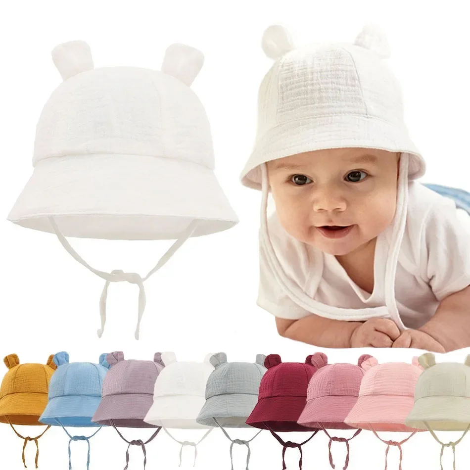 

Newborn Baby Hat Infant Muslin Bucket Hat Kids Bear Ears Summer Beach Sun Caps Boys Girls Easter Hats For Toddlers 3-12 Months