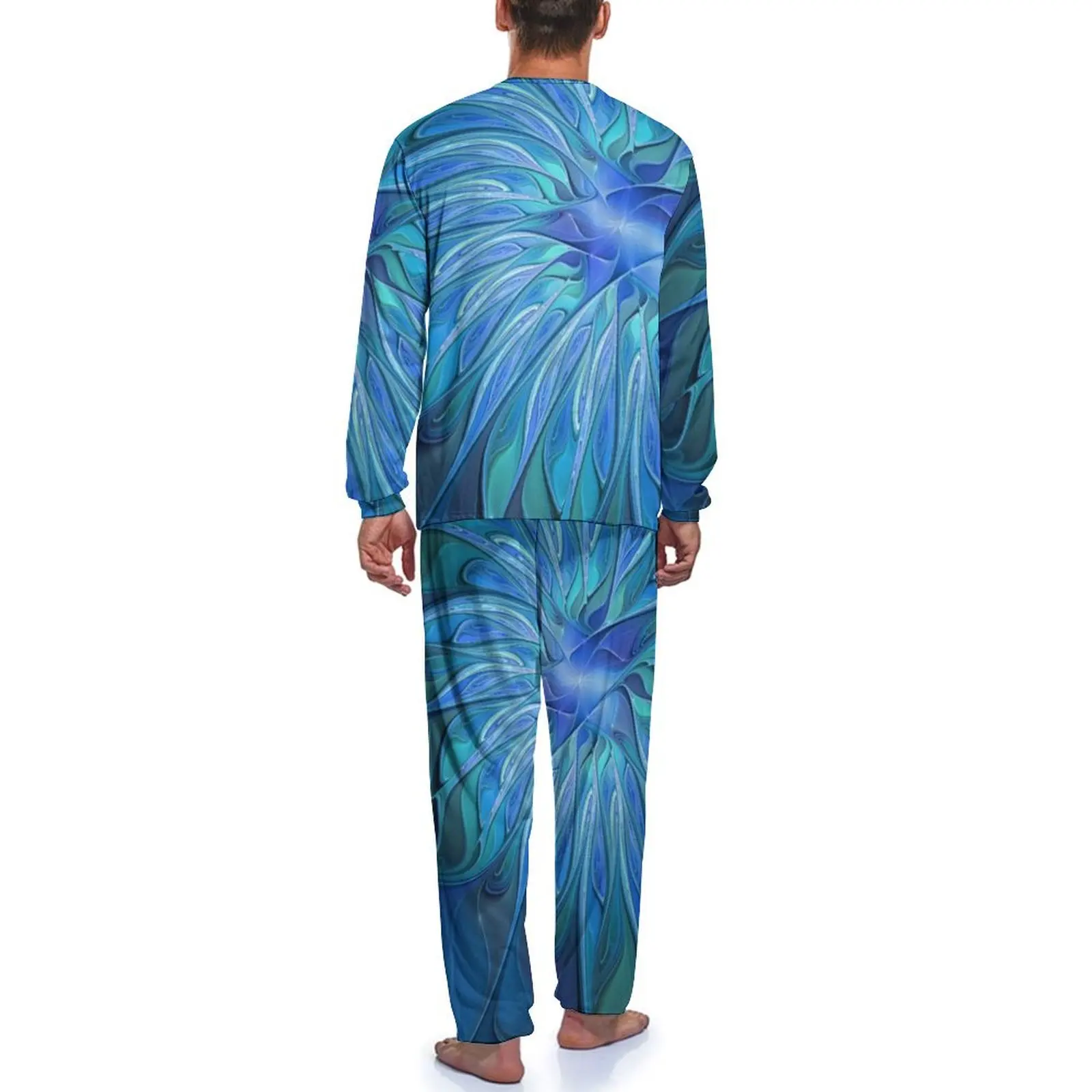 Pijama com estampa de flor azul, manga longa, arte fractal abstrata, duas peças, conjuntos de pijama para casa, primavera, design masculino, roupa de dormir fofa