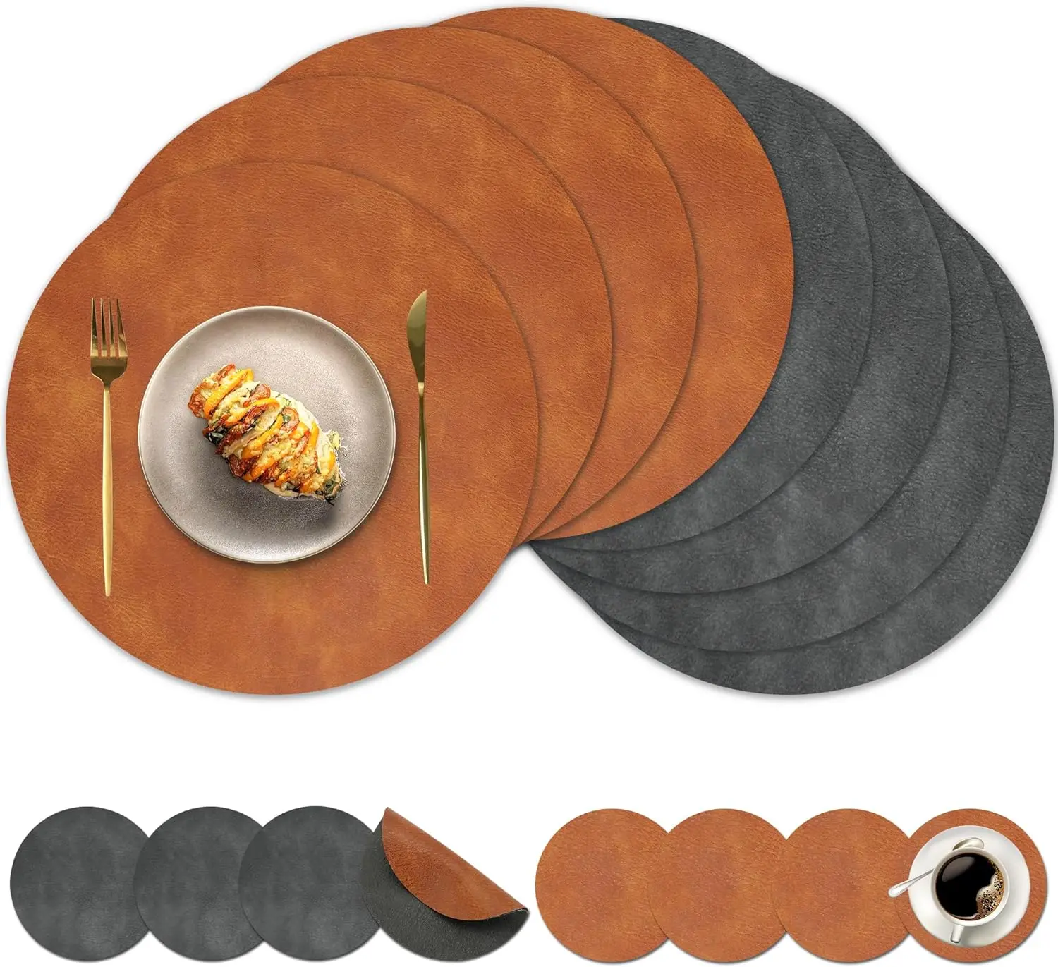 

Round Placemats and Coasters Set of 8, Washable Reversible Faux Leather Placemats Cowhide Place Mats
