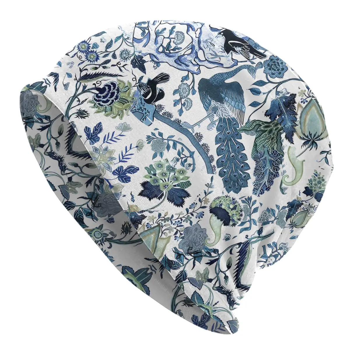 Paisley Style Skullies Beanies Caps Chinoiserie Blue Chintz Blues Greens Birds And Florals Thin Hat Autumn Spring Bonnet Hats