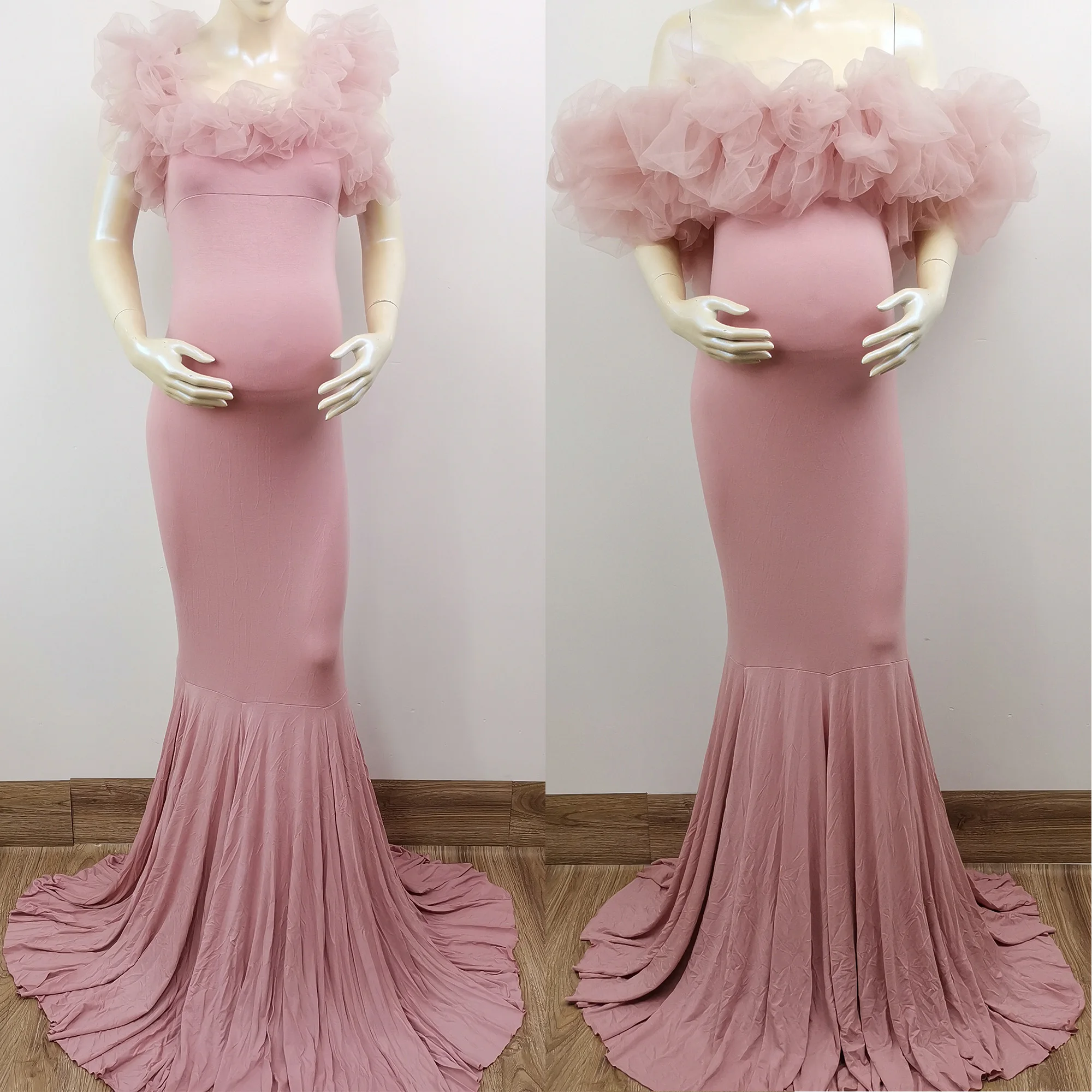 Don & Judy 우아한 웨딩 출산 원피스 오프 숄더 인어 프릴 파티 이브닝 가운, 신부 임신 사진 촬영 드레스