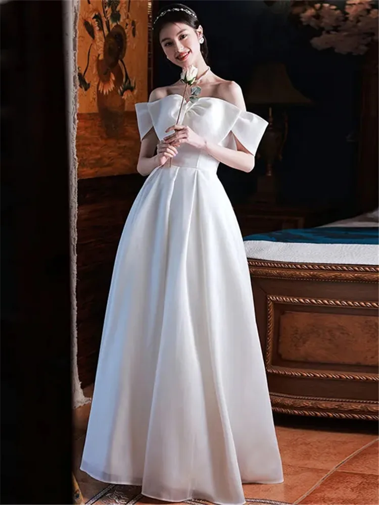 

Temperament White Dress Solid Color Bowknot Long A-line Skirt Evening Gown Women's Clothing M014