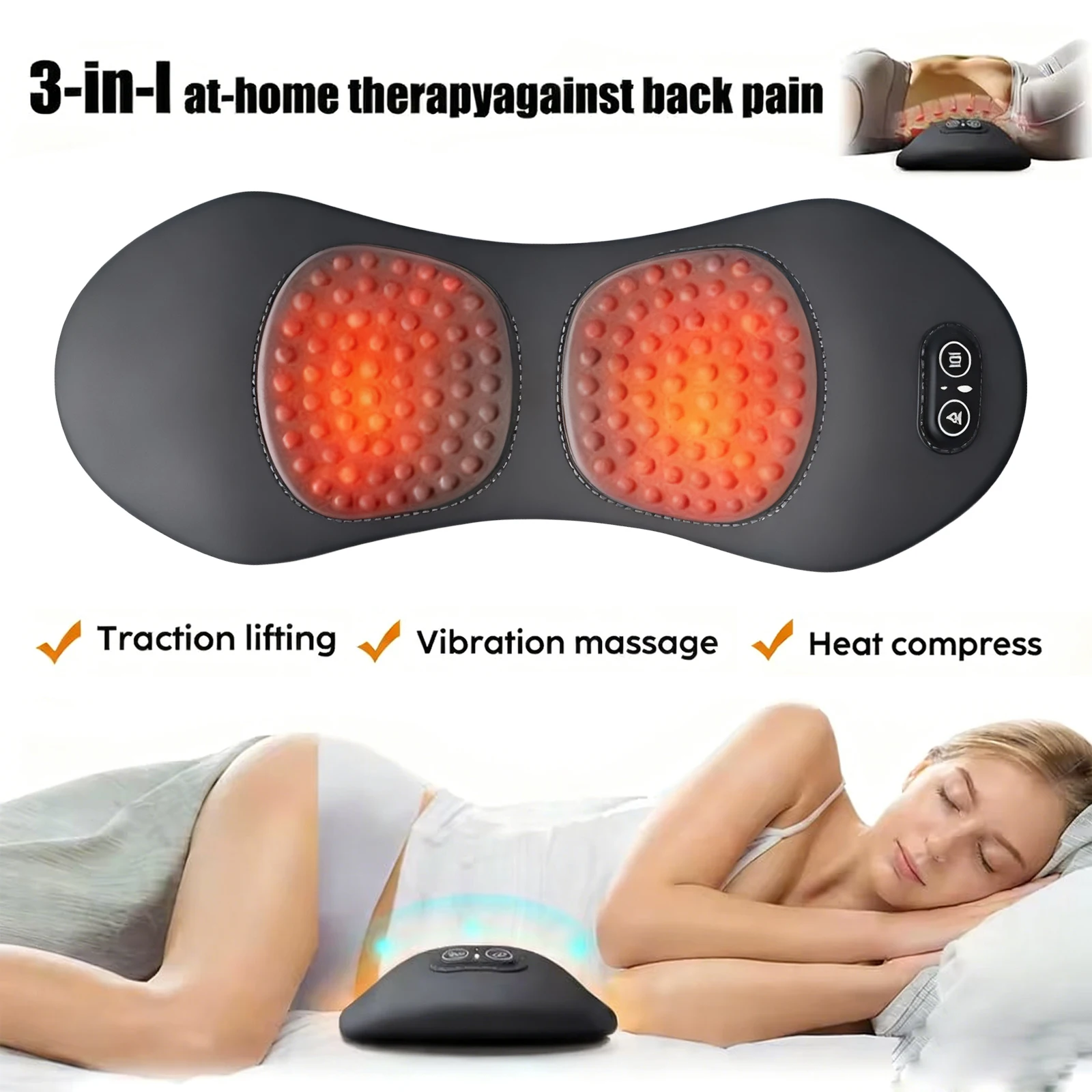 

3 in 1 Electric Lumbar Support Pillow with Adjustable Height Lying Flat Waist Relief Waist Support Waist Pillow Heating Vibratin