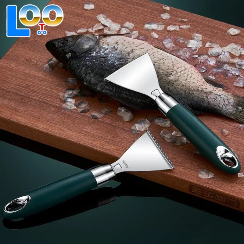 Pelapatate per pelle di pesce Raschietto per squame di pesce in acciaio inossidabile Manico in ABS antiscivolo Accessori da cucina portatili Raschiatura della pelle seghettata