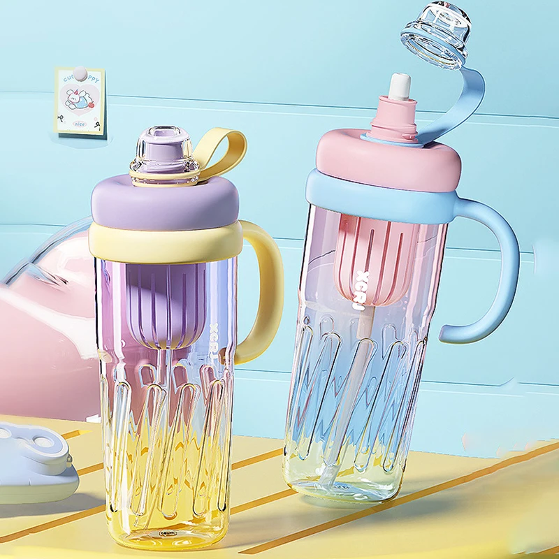 Wasserflasche mit großem Fassungsvermögen und Griff, Strohhalm-Kunststoffbecher, tragbar, für Outdoor-Sportarten, Fitness, Wasserbecher, hitzebeständige Teetasse