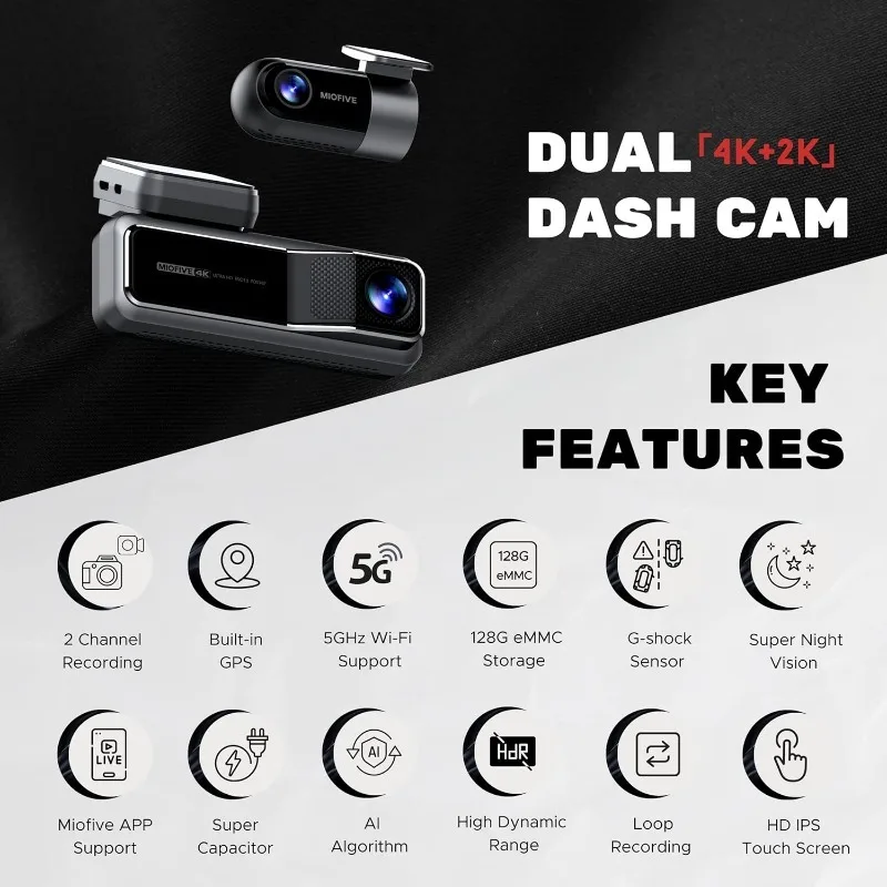 Front and Rear Dash Camera, 4K + 2K Dual Dash Cam with 5G WiFi, GPS, Speed, 2160 UHD Recorder, Built-in 128G eMMC S