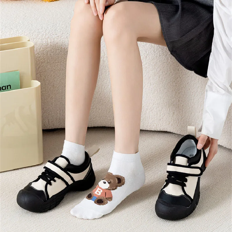 5Pairs Women Cute Bear Ankle Socks Fashion Breathable Comfortable Soft Kawaii Low Cut Sock High Quality Casual Cotton Sox Female