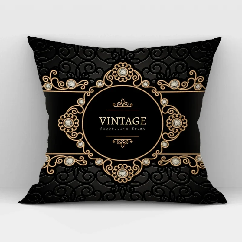 Retro Stylish Decorative Throw Pillow Case Black Gold Frame Cushion Cover for Car Sofa Seat Decor