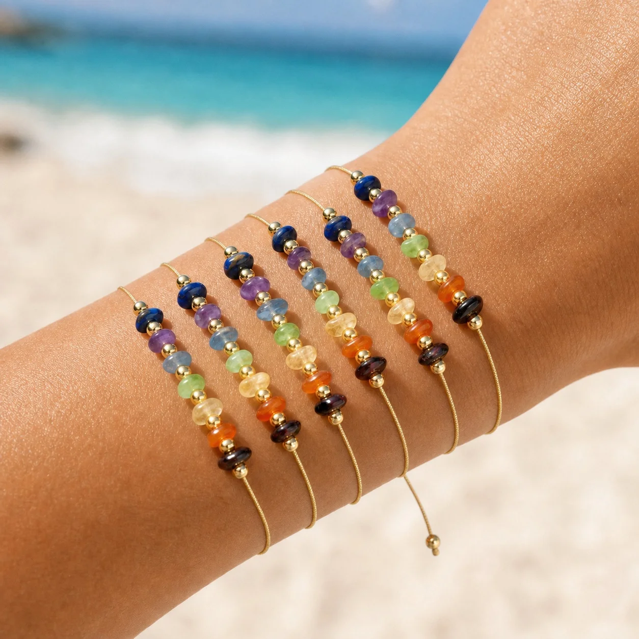 6pcs Colorful Semiprecious Stone Beaded Bracelet with Copper Beads Boho Tie Closure Bracelet for Women Beach Style