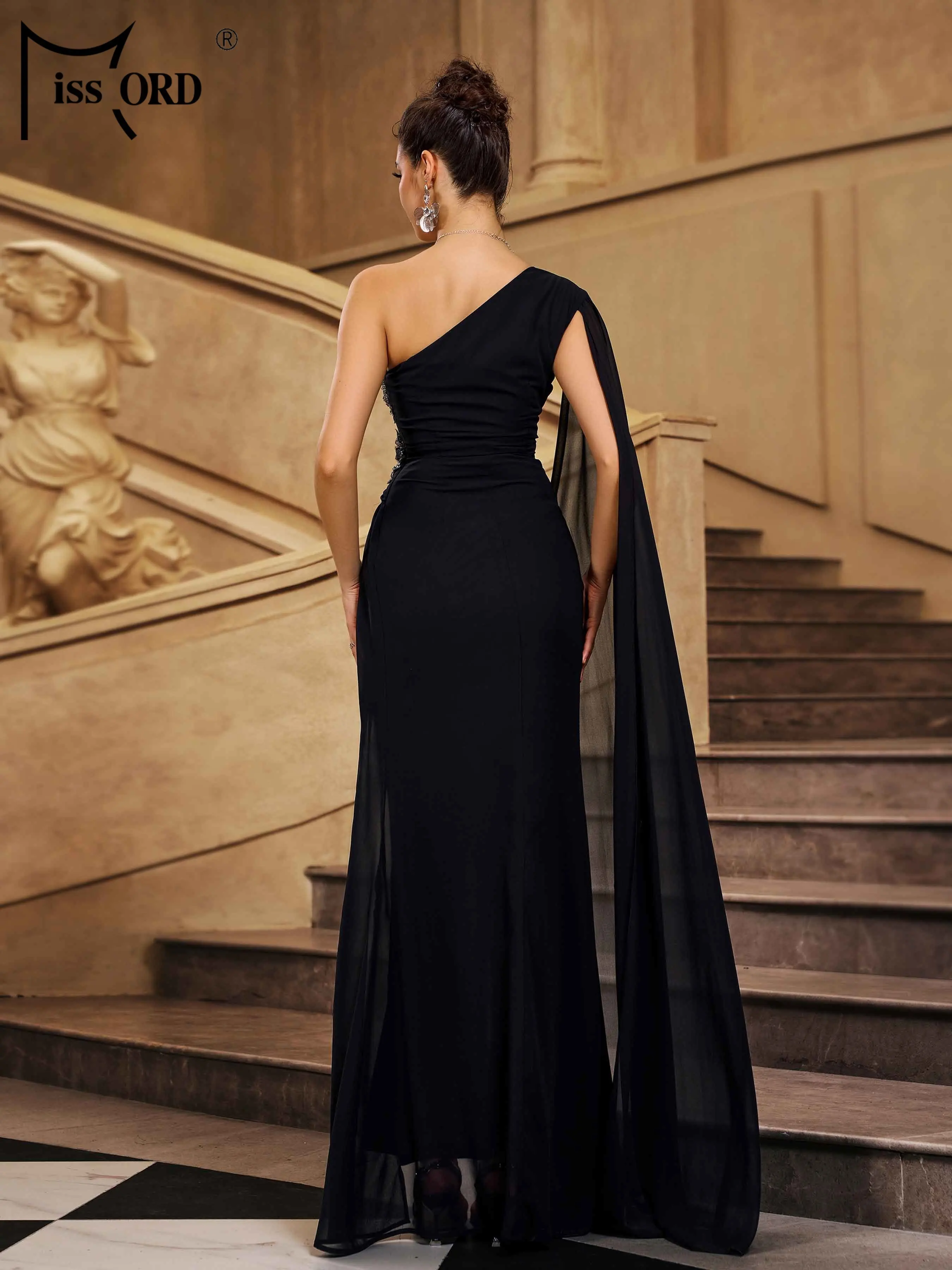 Missord New 2026 One Shoulder Black Asymmetrical Split Evening Gown Birthday Party Formal Occasion Chic Elegant Woman Maxi Dress