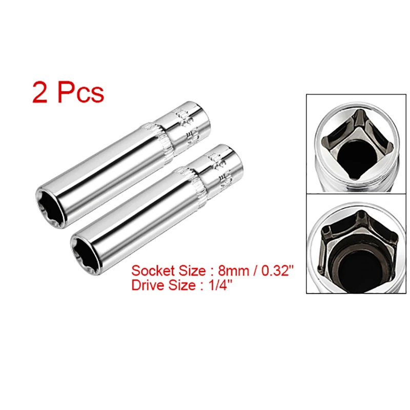 Uxcell 2Pcs 1/4-inch Drive 8mm Cr-V 6 Point Deep Socket for Heavy Duty Pneumatic Tools