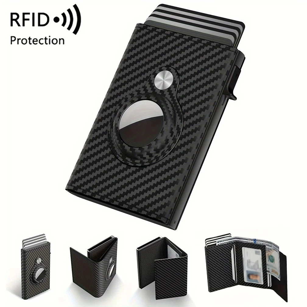 

Smart Pop-Up RFID Blocking ID Credit Card Holder Wallet, For Air Tag Tri-fold Wallet, Carbon Fiber Pattern Card Clip