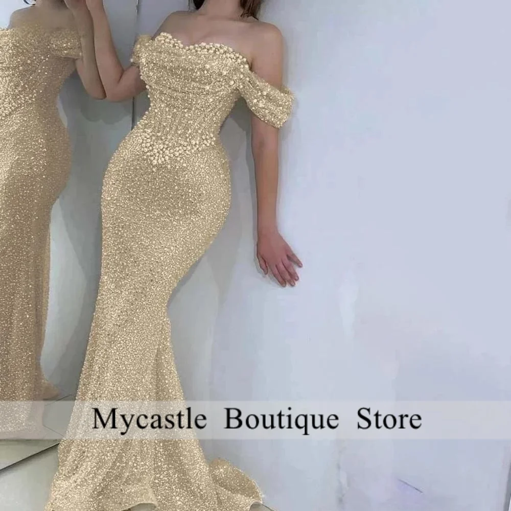 

Customized 2025 Champagne Prom Dresses Off The Shoulder Handmade Pearls Beading Crystals Evening Dress Engagement Party Gowns