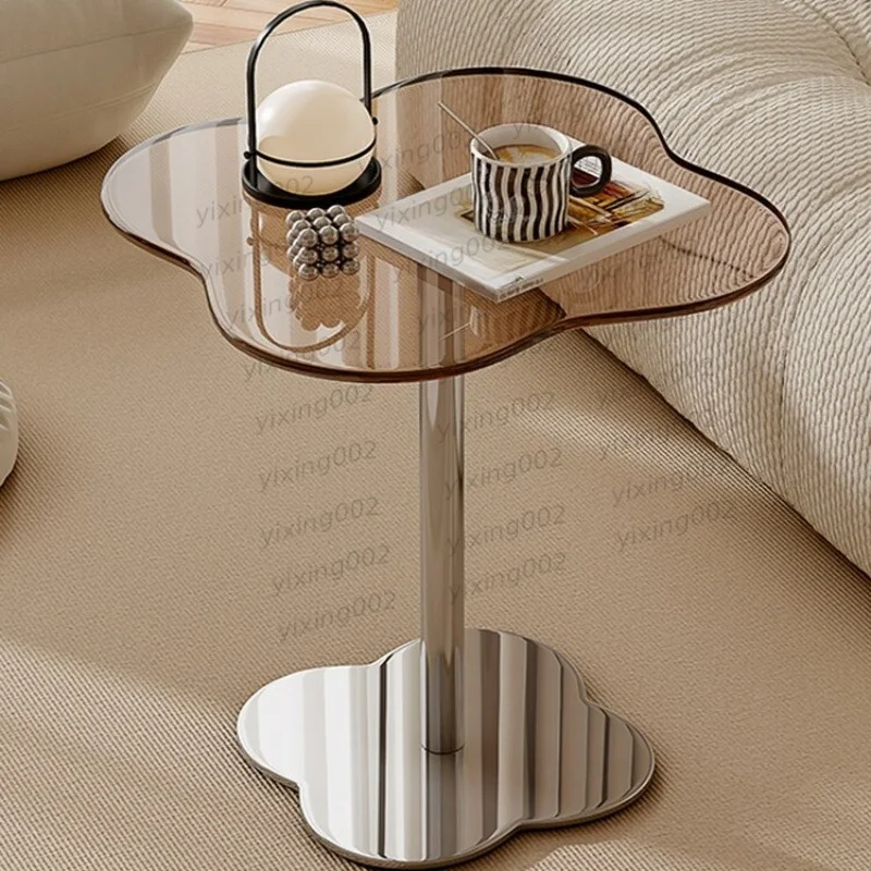 Light Luxury Glass Coffee Table with Stainless Steel Base, Cream Style Side Table for Small Living Room Balcony