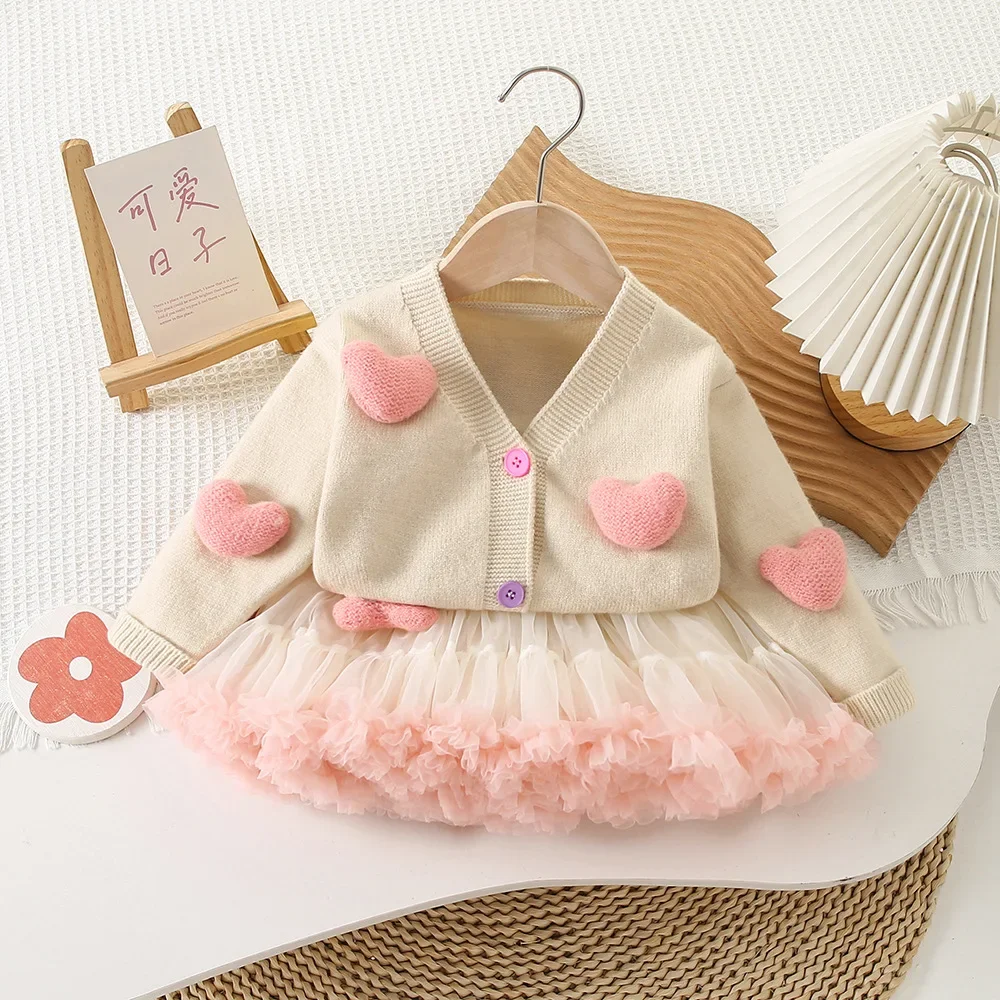 2-7Y 2024 Autumn Kid\'s Clothing Set 3D Heart Sweaters + Tulle Skirts 2 PCs Knit Suits Girls Sweet Knit Cardigans Coat Tutu Skirt