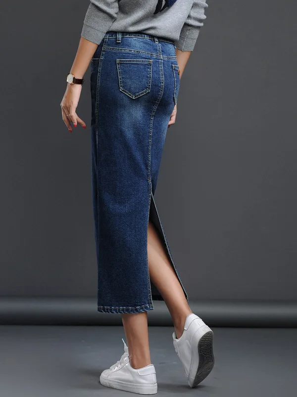 

Длинная эластичная джинсовая юбка с разрезом, облегающая, без полиэстера, для уличного стиля, миди, летняя новинка