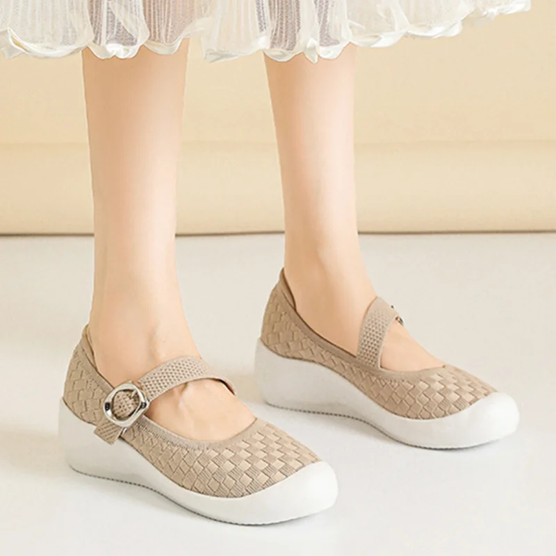 

Mary Jane Shoes Women's Knitting 2025 New Straight Belt Strap Knit Stretch Fabric Women Shoes Thick-soled Casual Wedge Mom Shoes