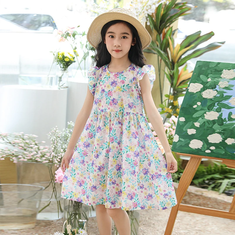

Girls' floral dress, ice silk summer children's dress, cotton silk dress for young children and students, fly-sleeve dress, prin