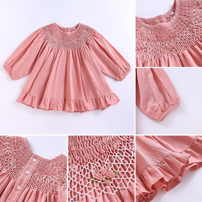 Kids Dress 2024 New Handmade Smocked Design Dress Girls Cute vintage Long Sleeve Pink Smocking Dresses frocks Children Vestido