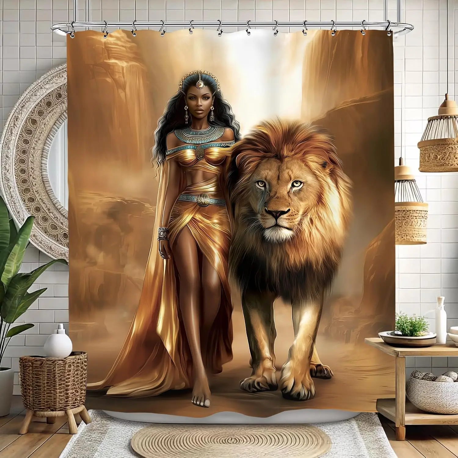 Dramatic Goddess Lion Pair Shower Curtain Bathroom Decor Luxury Tropical Mythology Queen Animal Print Polyester Curtain for Mode