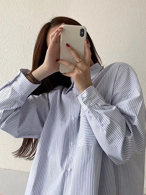 

Spring 2026 Women's Fashionable Striped Long Sleeve Shirt Student Inner Wear Top Trendy Commute Style Loose Fit Polyester