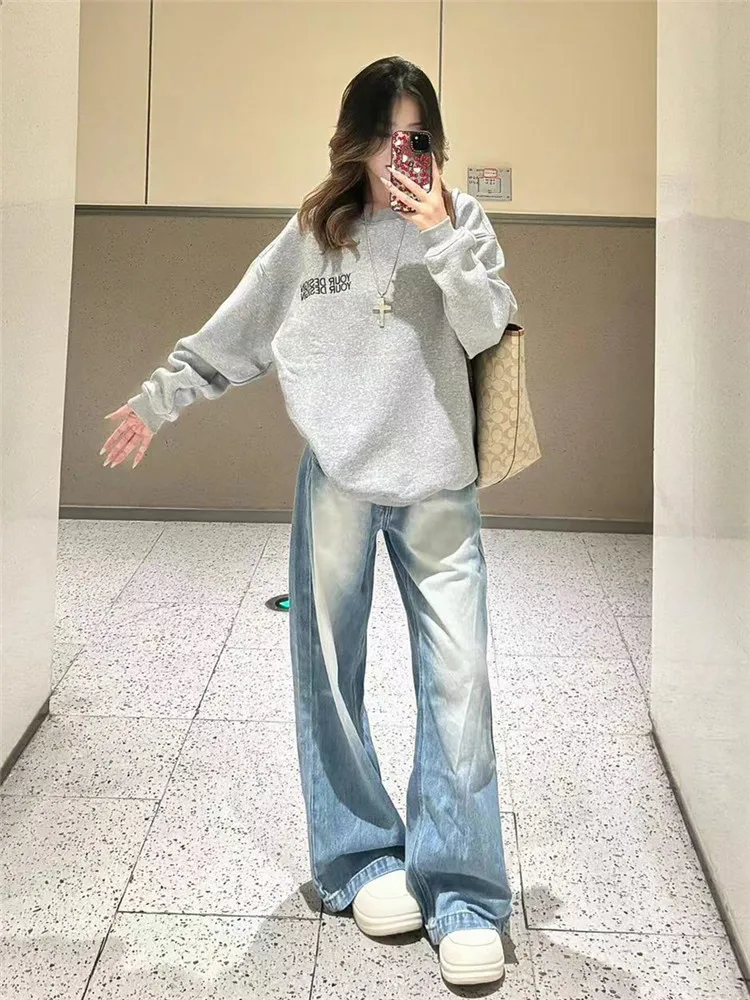 

Low Waist Extended Length Wide Leg Jeans Women Loose Slimming Sexy Spring Autumn High Waist Floor Length Pants