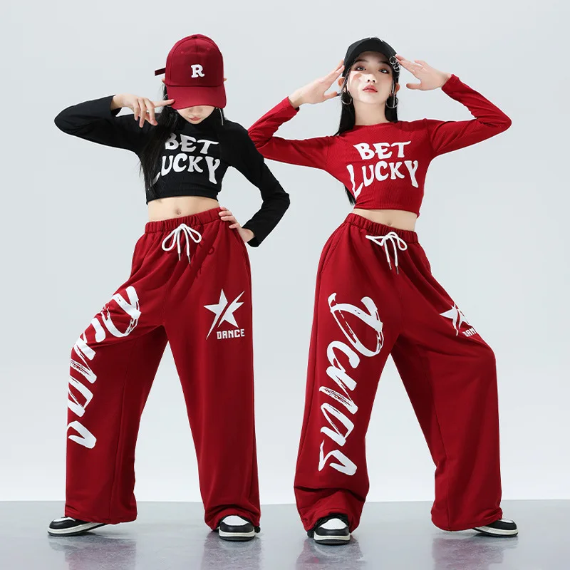 

Kid Kpop Hip Hop Clothing Black Red Crop Top Long Sleeve T Shirt Casual Sweat Pants for Girl Boy Jazz Dance Wear Costume Clothes