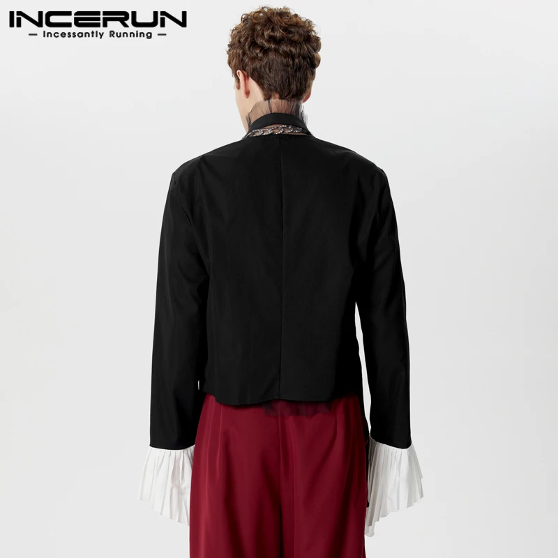 INCERUN Men Irregular Blazer Pleated Patchwork V Neck Long Sleeve Casual Suits Men Streetwear Open Stitch 2024 Thin Coats S-5XL