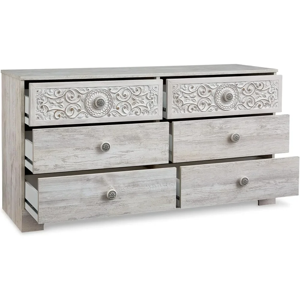 Paxberry Bohemian 6 Drawer Dresser with Carved Medallion Pattern, White