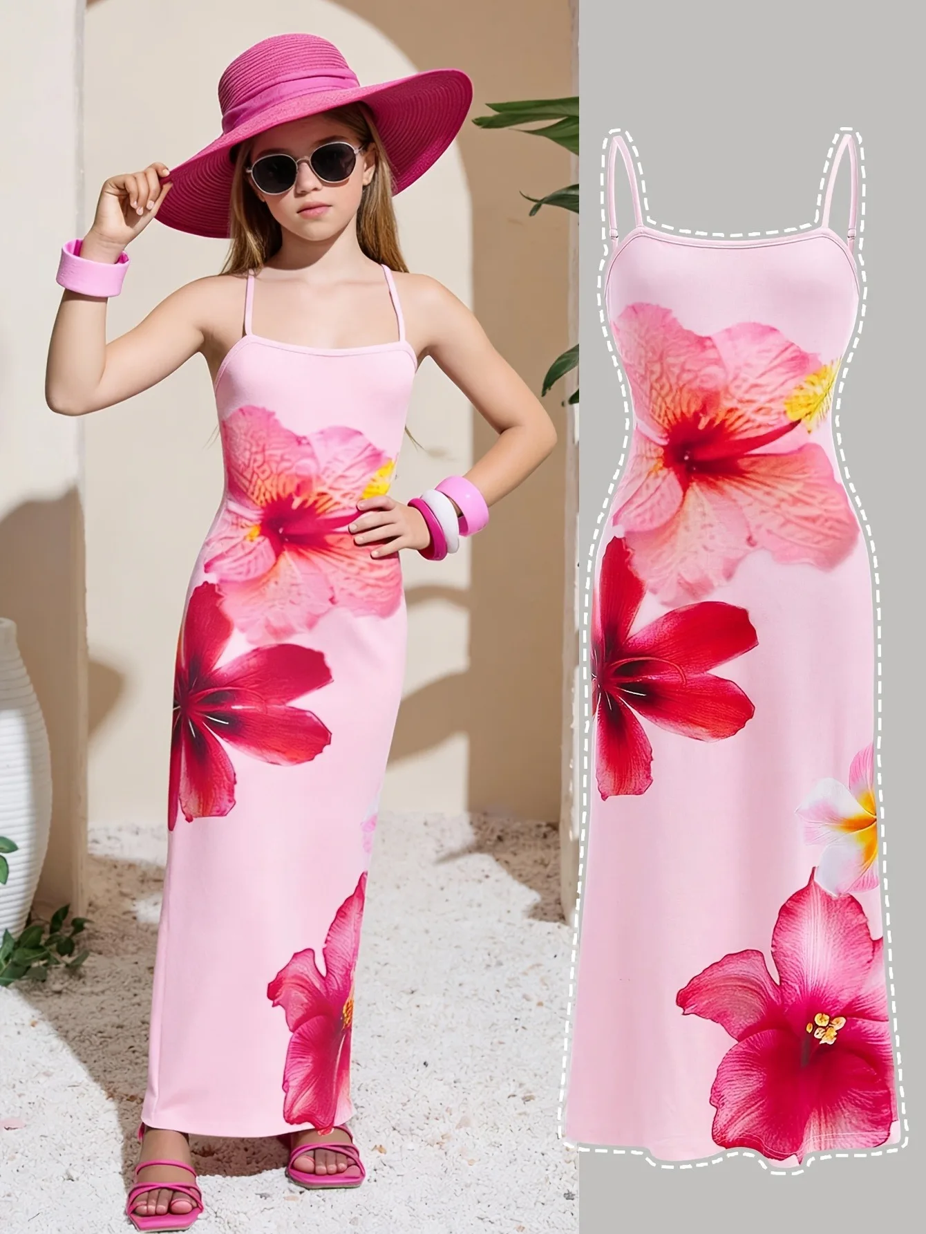 Comfy Kids Girls Square Neck Adjustable Strap Floral Bodycon Maxi Dress, Summer Holiday Outfit for Seaside Travel