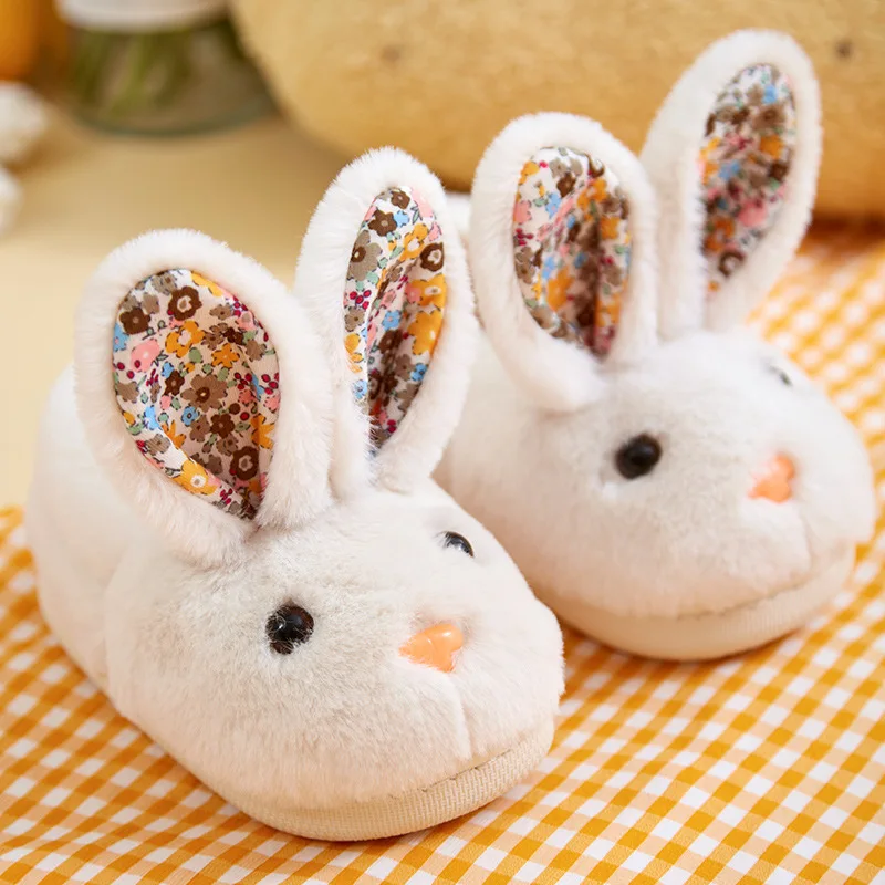 Children Cotton Slippers Autumn and Winter Men and Girls Package with Kids Shoes Warm Home Indoor Wool Slippers Cute Rabbit