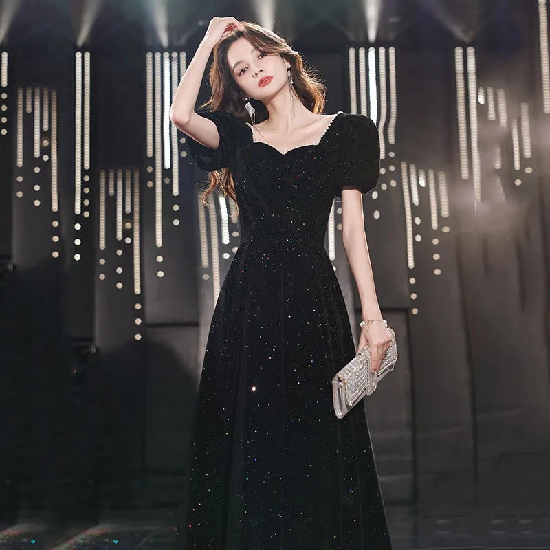 

2025 New Velvet Autumn-Winter Black Evening Dress For Women Elegant French Style Evening Dresses For Gala Dinner