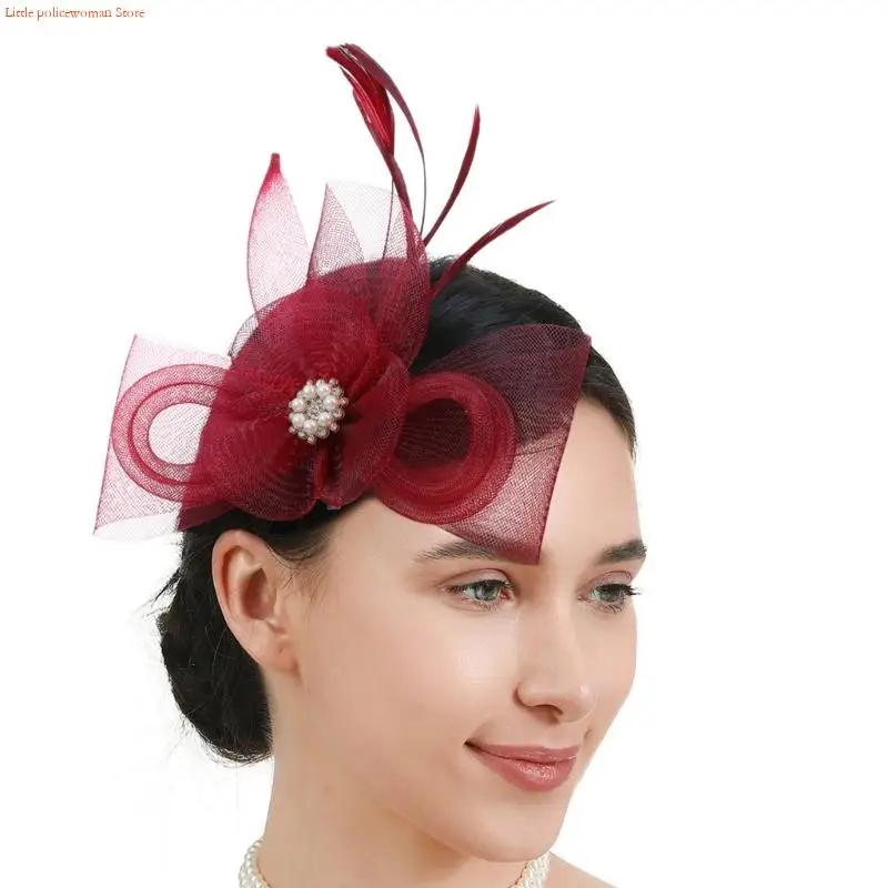 F92D Feathered Bridal Fascinator Hat With Tulle Flower Design For Cocktails Event Wedding Ceremonies Dressingup Headpiece
