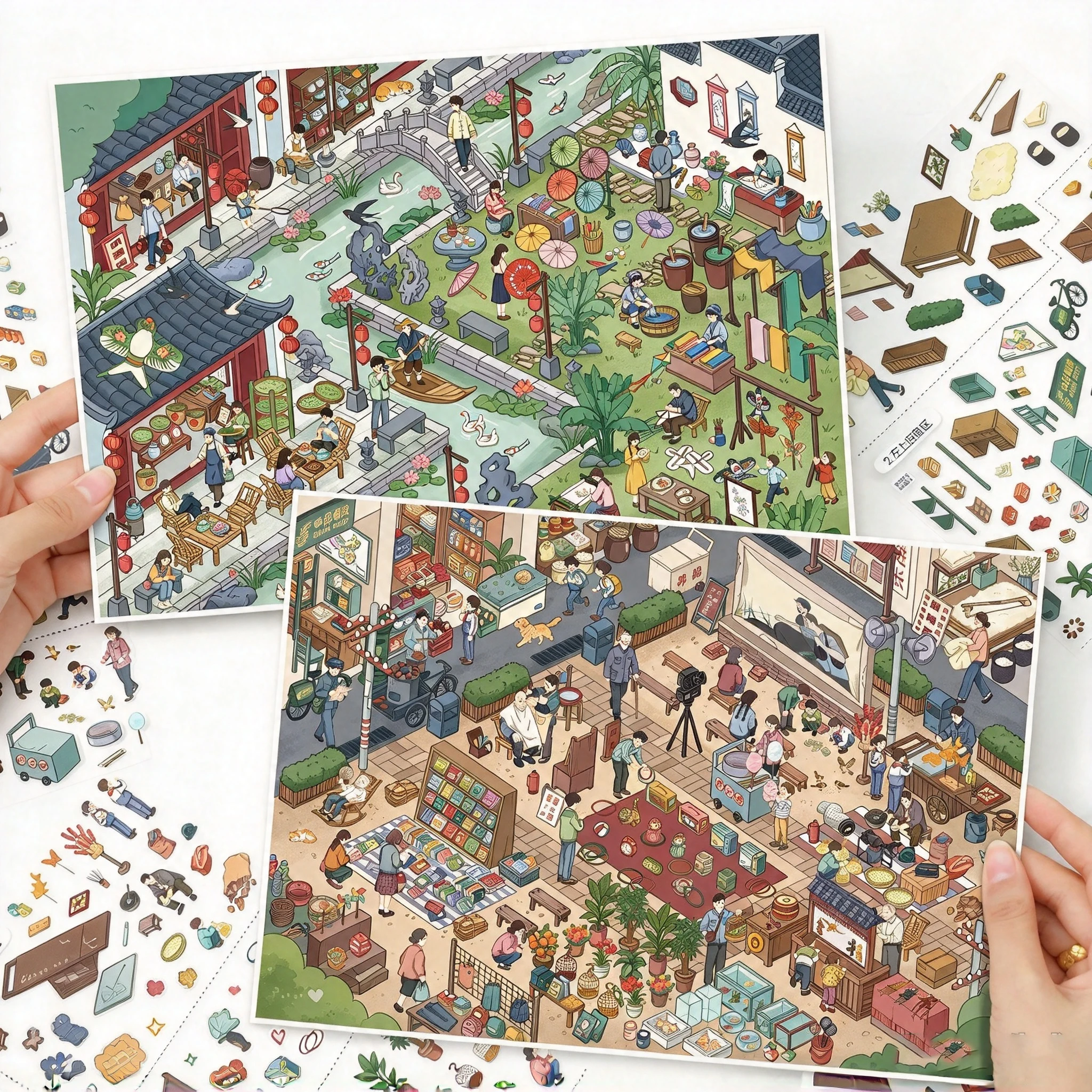 Ancient Chinese Style Bazaar Miniature Scene Stickers, DIY Create Your Own Landscape Stickers Set, Oriental Old Market Diorama S