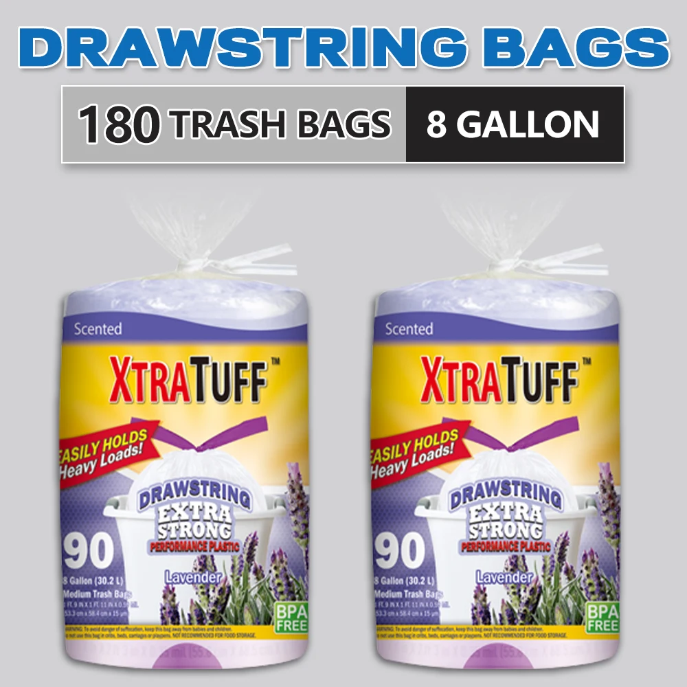 

Xtratuff Medium Drawstring Trash Bags 8 Gallon Trash Bag Lavender Mint Scent 180 Count BPA FREE Garbage Bags White Strong