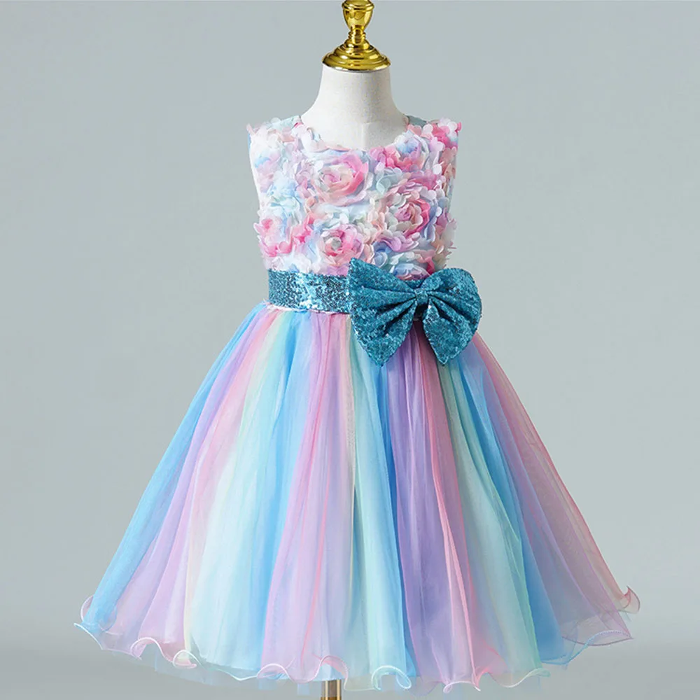 

HETISO Rainbow Lace Girls Christmas Dress Sleeveless Sequined Bow Children Princess Birthday Party Gown New Year Costume