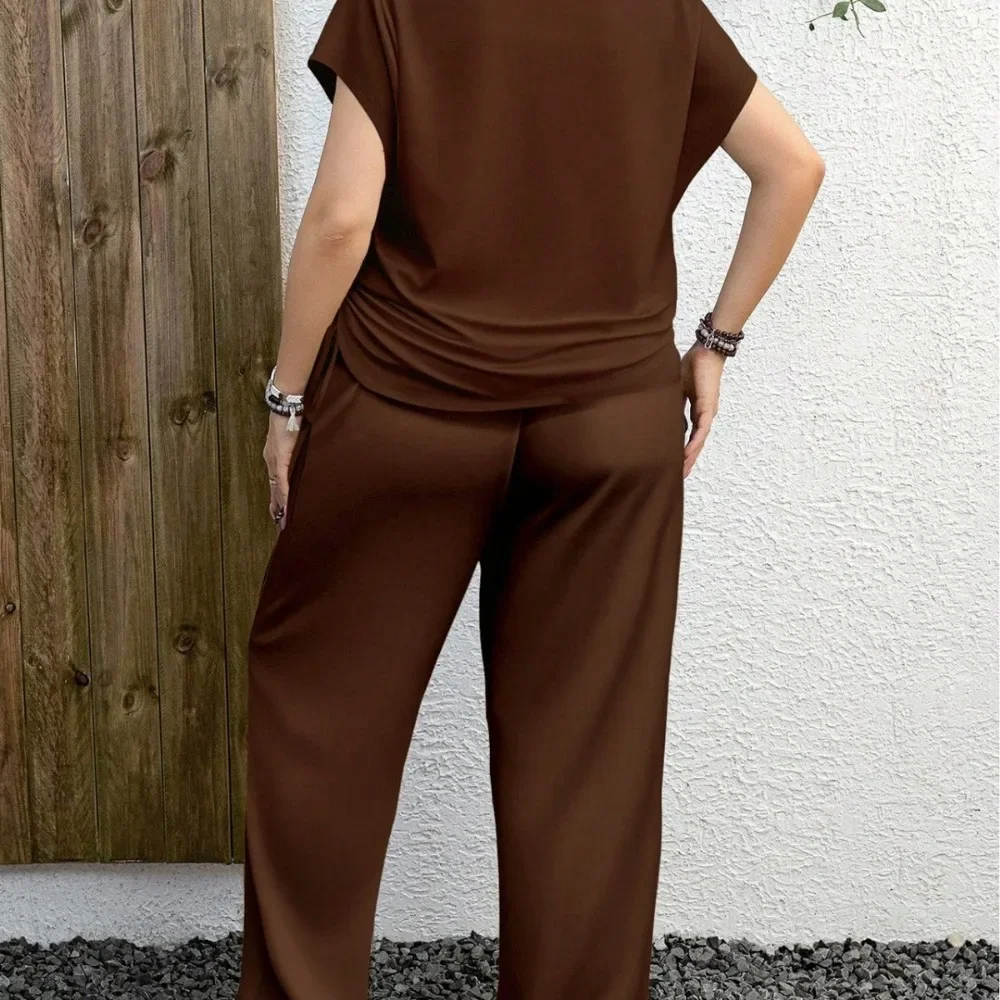 Women 2Pcs Loungewear Set Short Sleeve Top Long Pants Soft Casual Pajamas Wearable Outside Spring Summer Homewear