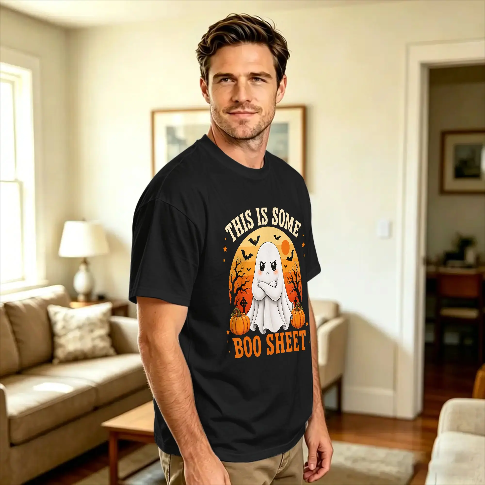 Halloween This is Some Boo Sheet Cute Ghost Pumpkin T Shirt Summer  100 Cotton T-Shirts For Mens Casual Tee Shirt Short-Sleeve