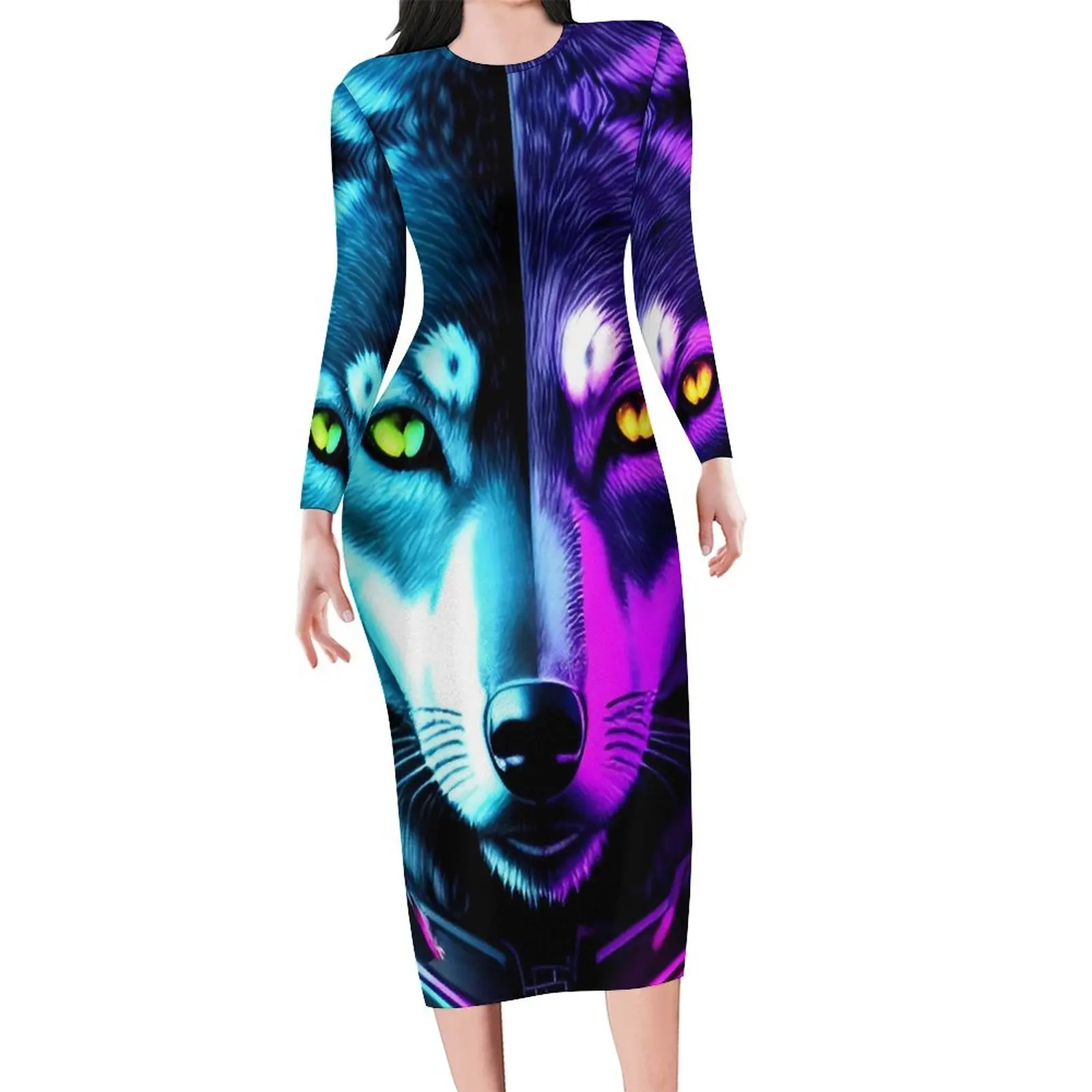 

Cyber Wolf Neon Dress Woman Funny Animal Aesthetic Bodycon Dress Spring Long Sleeve Sexy Dresses Design Oversize Vestido