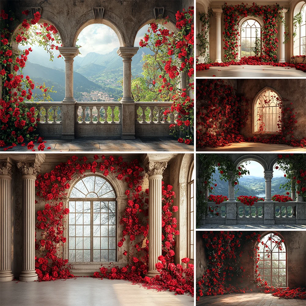 

Spring Garden Photography Backdrop Red Roses Columns Kids Birthday Wedding Party Maternity Art Portrait Photocall Background