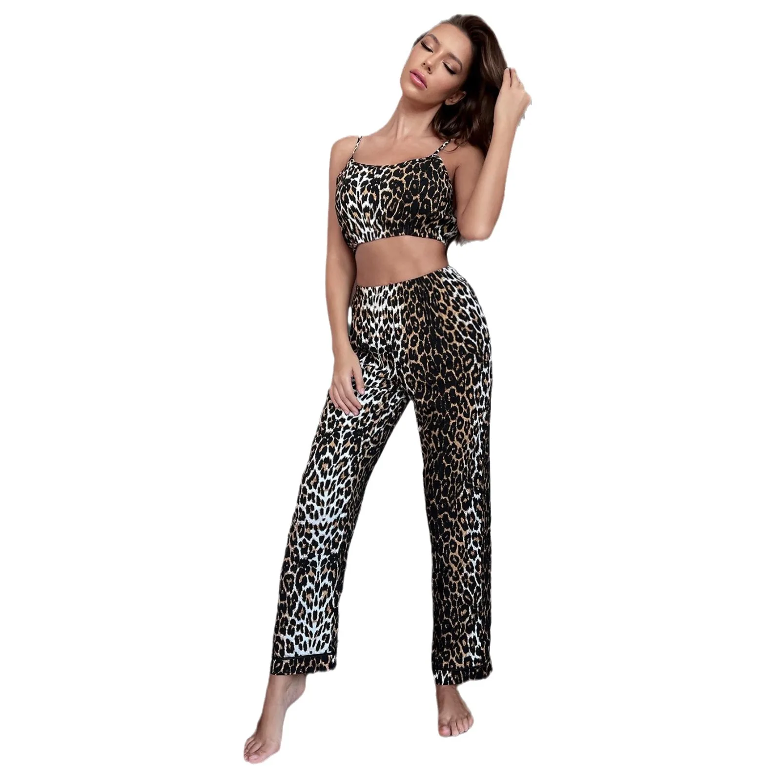 Conjunto de pijamas femininos de verão com estampa de leopardo, 2 peças, tops curtos e calças compridas, roupa de dormir, cintura elástica, espreguiçadeira, casa, pano