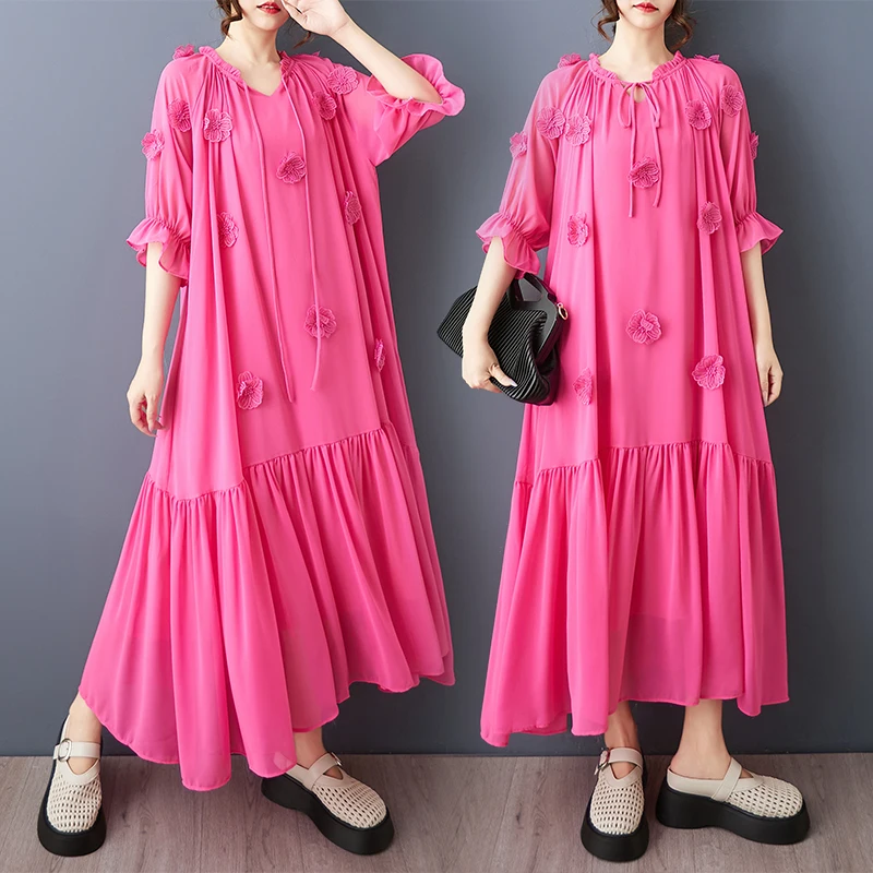 

Summer New Loose Large Size Fashion Design 3D Flower Patchwork Sweet Anti-Aging Versatile Dress Cotton Polyester Blend Short ...