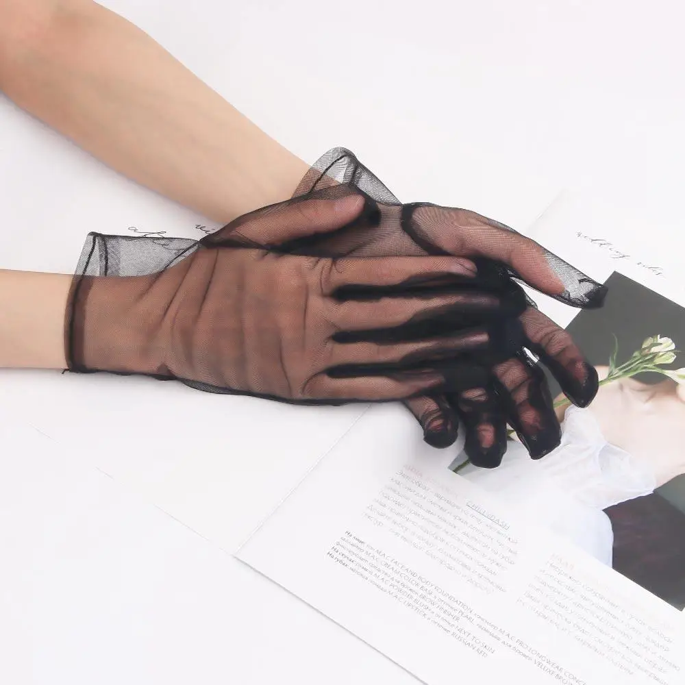 مثير المرأة السوداء شفافة الزفاف فو الحرير قفازات الاصبع أوبرا قفازات شبكة قفازات قصيرة #5