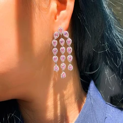 ThreeGraces Shiny Pink Cubic Zirconia Silver Color Long Water Drop Dangle Earrings for Women Bridal Wedding Party Jewelry E1773