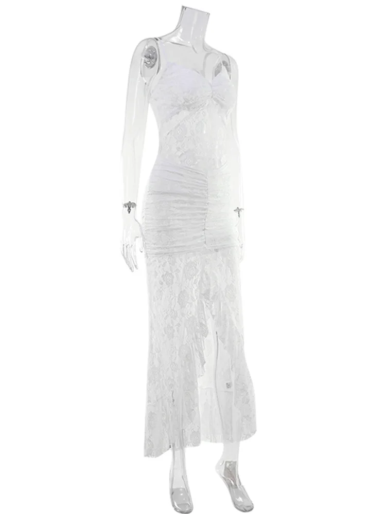 Ahagaga Elegante Pizzo Donna Maxi Abiti Senza Spalline Sheer Pieghe Sexy Solido Asimmetrico Con Scollo A V Abiti Veste Guaina Slim Fit Partito