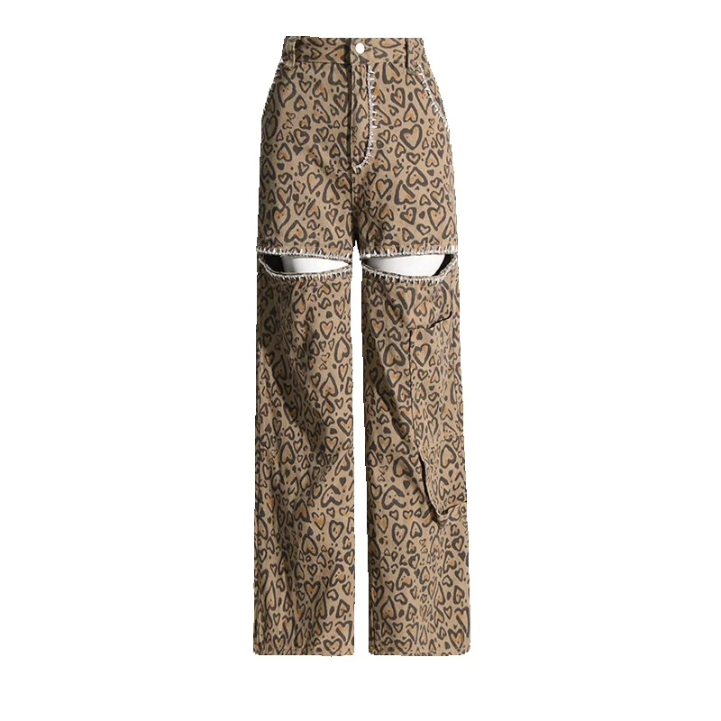 Fashionable HigH Street Leopard Print Jeans Autumn 2024, New Niche Design With Printed And DiamonD InlaId Straight Leg Casual