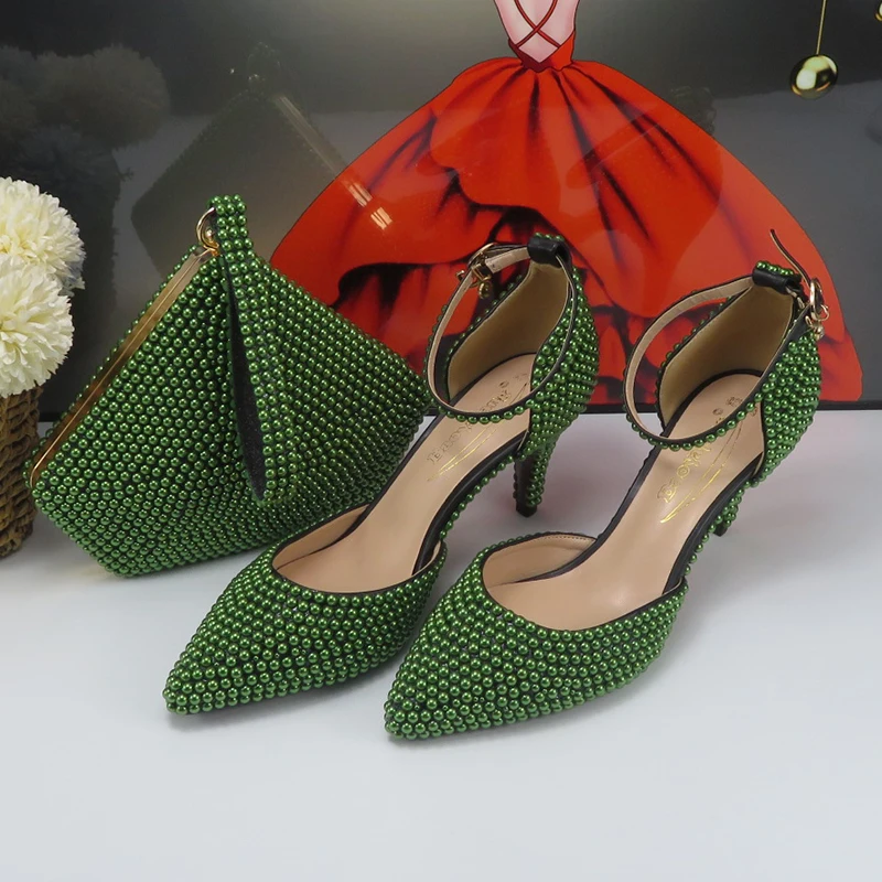 2023 New Arrival Olive Green Pearl Fashion Bridals Shoes bag Summer Sandals Woman Party High Heel Pointed Toe Sandals Female